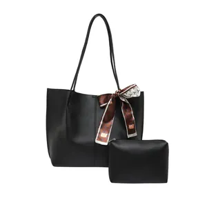 Minimalist large black tote bag set with matching small pouch and stylish printed silk scarf