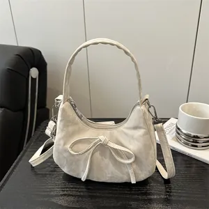 Damen Schleife Plissierte PU Leder Halbmond Schultertasche Einfarbig Unterarm Handtasche Mit Verstellbarem Riemen