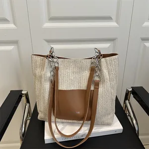 Woven tote bag with brown leather pocket and metal chain strap for women fashion