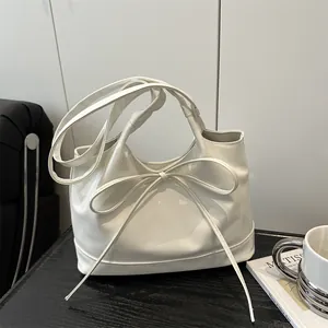 Women Fashion Bow Knot Shoulder Bag Soft PU Leather Tote Bag Minimalist Urban Handbag Casual Daily Carry Bag For Ladies