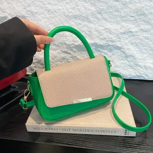 Fashion Patchwork PU Leather Top Handle Crossbody Bag For Women Trendy Commuter Shoulder Bag With Metal Buckle Satchel