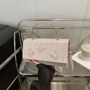 Elegant Butterfly Embroidery Crossbody Bag With Golden Metal Handle Floral Lace Handbag Small Square Shoulder Bag Women Jewelry