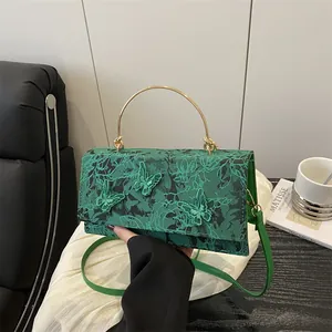 Green lace handbag with 3D butterfly embroidery and gold metal handle for women