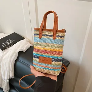 Women Colorful Striped Woven Mini Tote Bag Bohemian Straw Crossbody Phone Bag Brown PU Leather Handle Shoulder Bag