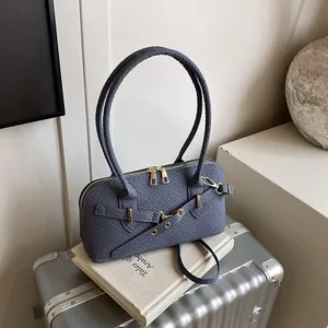 Women Woven PU Leather Shoulder Bag Fashion Underarm Bag Large Capacity Handbag With Gold Hardware Belt Buckle Decoration
