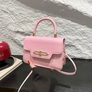 Pink patchwork crossbody bag with metallic lock shown in a stylish hand-held pose