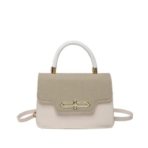 Retro high-capacity crossbody bag featuring khaki woven texture and off-white leather contrast