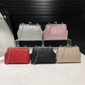 Elegant sequined evening clutch bags with metal frame and pearl chain in five shiny colors