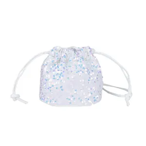 Sparkly white sequin drawstring bucket bag with iridescent finish for women 2025