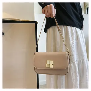 Detail of beige crossbody bag featuring golden geometric buckle and chain strap handle