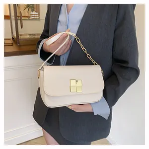 Close-up of beige square crossbody bag featuring gold metal buckle and chain strap detail