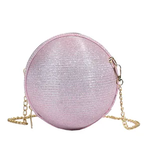 Pink rhinestone ball clutch bag with golden chain strap for formal party and evening events