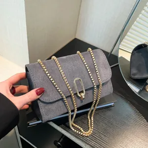 Women Retro Suede Chain Crossbody Bag Fashion Frosted Small Square Shoulder Bag With Metal Lock Flap Satchel Bag