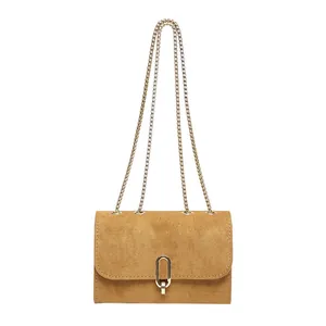 Chic vintage matte camel crossbody bag with gold chain strap and oval metal buckle