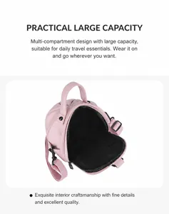 Internal view of pink pebble grain PU backpack showing black lining and large capacity