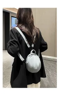 Litchi pattern mini backpack showing stylish back view on model with white dress