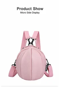 Detail view of pink spherical mini backpack with lychee grain texture and woven strap