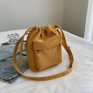 Sac Seau Bandoulière En Velours Côtelé Femmes Fermeture À Cordon Poche Zippée Style Coréen Décontracté