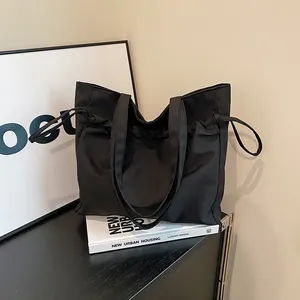 Minimalist Large Capacity Women Tote Bag Canvas Drawstring Pleated Shoulder Bag Casual Commuter Handbag For Laptop Daily