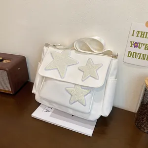 Women Casual Nylon Messenger Bag With Plush Star Patches Japanese Style Crossbody Bag For School Daily Use Fashion Satchel