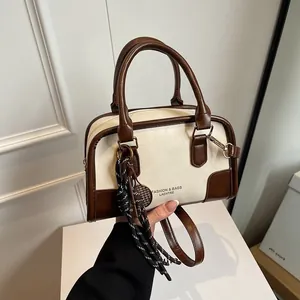 Women Retro PU Leather Boston Handbag Fashion Colorblock Crossbody Bag Soft Leather Bowling Bag With Detachable Strap Commute Shoulder Bag