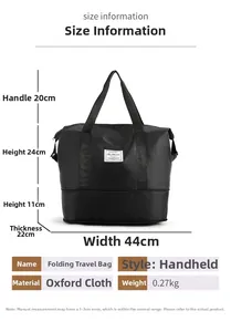 Detaillierte Größenübersicht für schwarze faltbare Oxford-Reisetasche mit 0,27 kg Gewicht