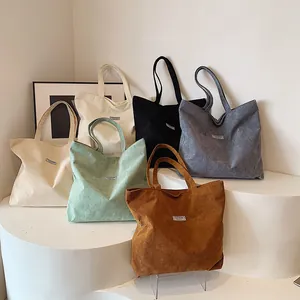 Borsa Tote in Velluto a Coste da Donna Grande Capacità Retrò Casual Tinta Unita Borsa a Spalla Con Etichetta Fashion Instinct Per Shopping