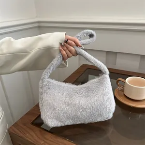 Sac Sous le Bras en Peluche pour Femmes Sac à Épaule en Fausse Fourrure Douce Sac Hobo Couleur Unie pour Hiver Quotidien