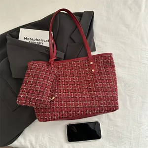 Tweed Tote Bag And Matching Pouch Large Capacity Shoulder Handbag Elegant Plaid Woven Shopping Bag For Women Daily Work Use