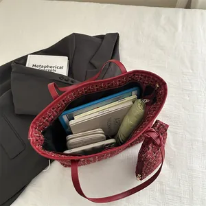 Red plaid tweed tote bag set with matching pouch and large capacity interior