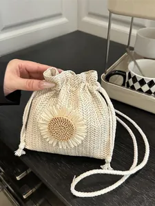 Borsa a Secchiello in Fiore Intrecciato Donna Fatta a Mano Vacanza al Mare Coulisse Piccola Tracolla Pastorale Girasole Borsa a Spalla