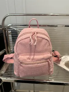 Rosa Cord-Mini-Rucksack für Damen mit mehreren Fächern und weichem Materialgewebe