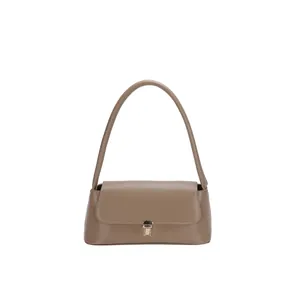 Minimalist dark khaki baguette bag with sleek leather finish and gold square buckle