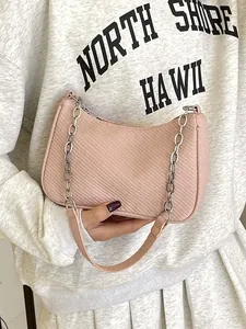 Pink hobo shoulder bag with silver chain strap and textured fabric for women