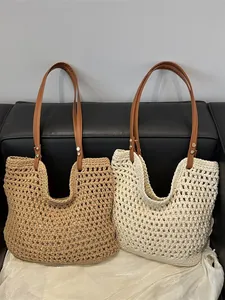 Woven cotton shoulder bag with leather handles in khaki and beige for summer