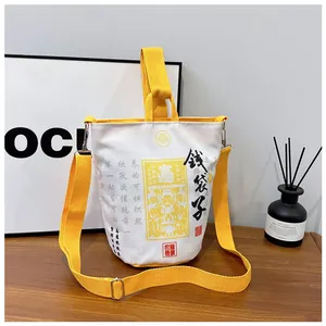 Damen Canvas Eimertasche Chinesischer Stil Glücksgeldbeutel Design Umhängetasche Lässige Reise Mode Tragetasche