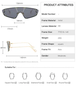 Detailed size guide for square metal frame sunglasses with 156mm width and 29g weight