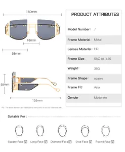 Detailed dimension guide for rimless square sunglasses featuring gold metal frame and size specs