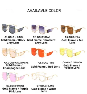 Flat lay of rimless geometric sunglasses in eight colors with golden metal frames and rivets