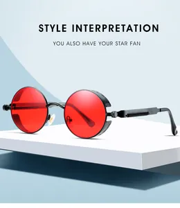 Detail of red punk round sunglasses with black metal frame and side shield protectors