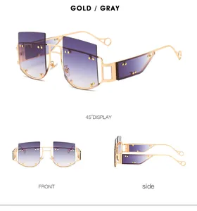 Frameless oversized sunglasses with gold metal frame and gradient gray-purple lenses