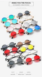 Detailed grid of vintage punk round metal sunglasses in various vibrant lens colors