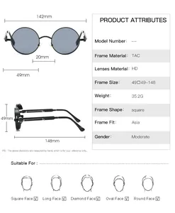 Size chart showing 142mm frame width and detailed TAC lens specs for round punk sunglasses