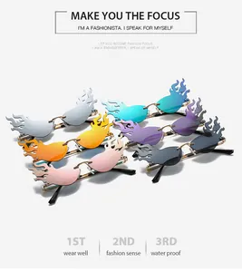 Detail view of rimless flame shaped sunglasses in six vibrant gradient lens colors
