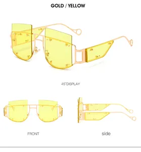 Multi-angle view of rimless gold sunglasses with yellow lenses and metal hollow temples