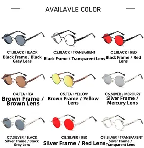 Nine different color combinations of vintage punk round metal frame sunglasses in a grid
