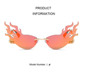 Detailed close-up of flame-shaped rimless sunglasses with orange gradient PC lenses
