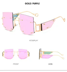 Detail view of gold rimless sunglasses with purple lenses and geometric temple design