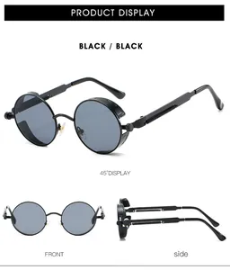 Three-way view showing front and side of retro round metal steampunk sunglasses