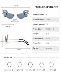Detailed size chart for flame-shaped rimless metal sunglasses with HD lenses and dimensions